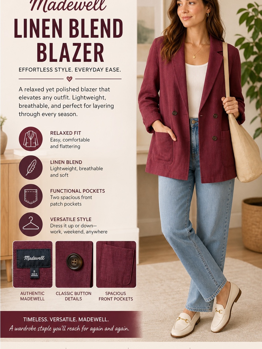 Madewell Women's Linen Blend Blazer - Burgundy size small NWT